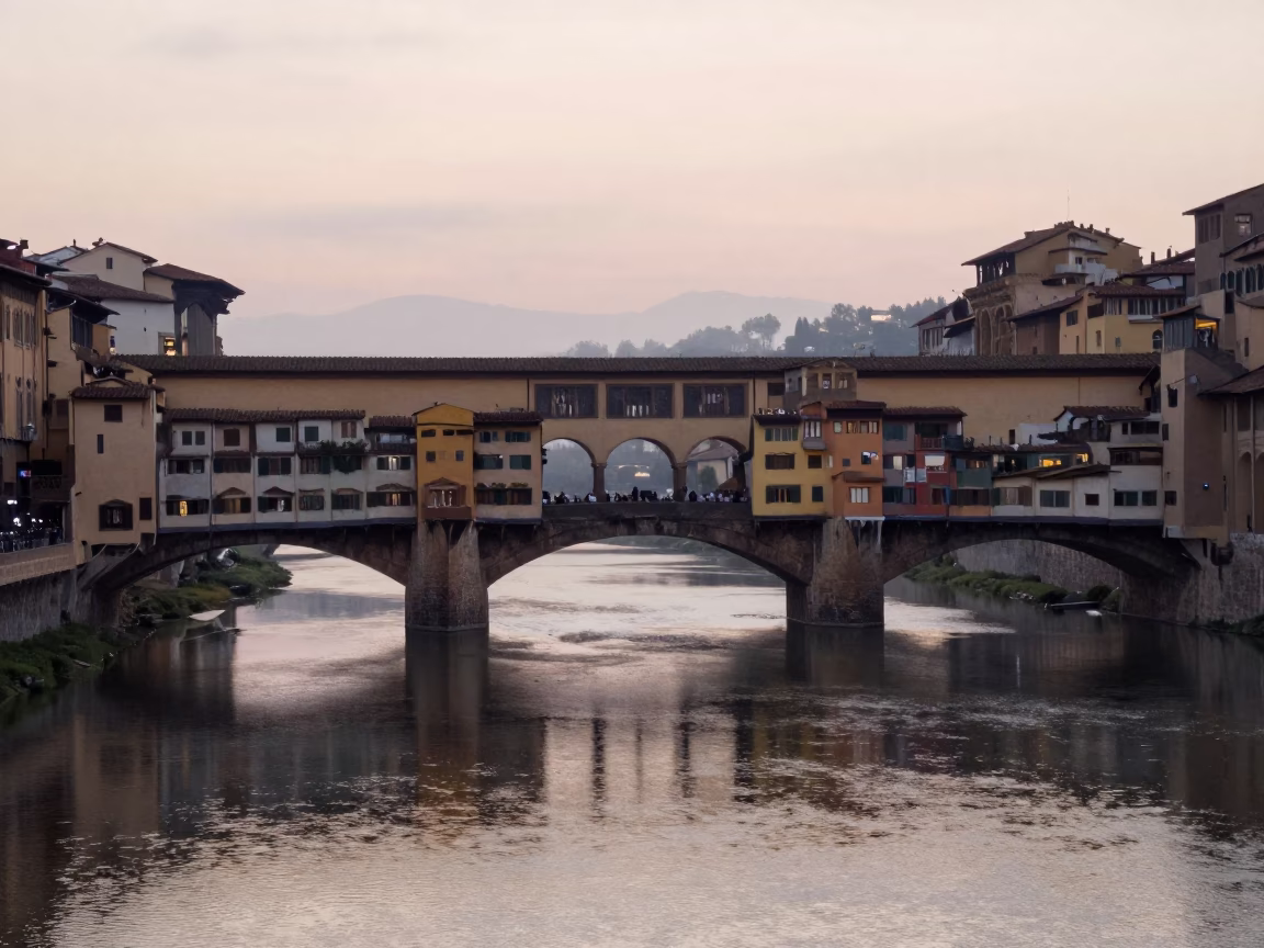 Nautical Dawn in Florence Italy Stone Bridges and Misty Arno River in in Florence, Italy