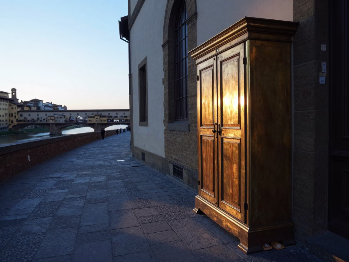 Nautical Dawn in Florence Italy Street Scene with Brass Cabinet and Scratched Drain in in Florence, Italy