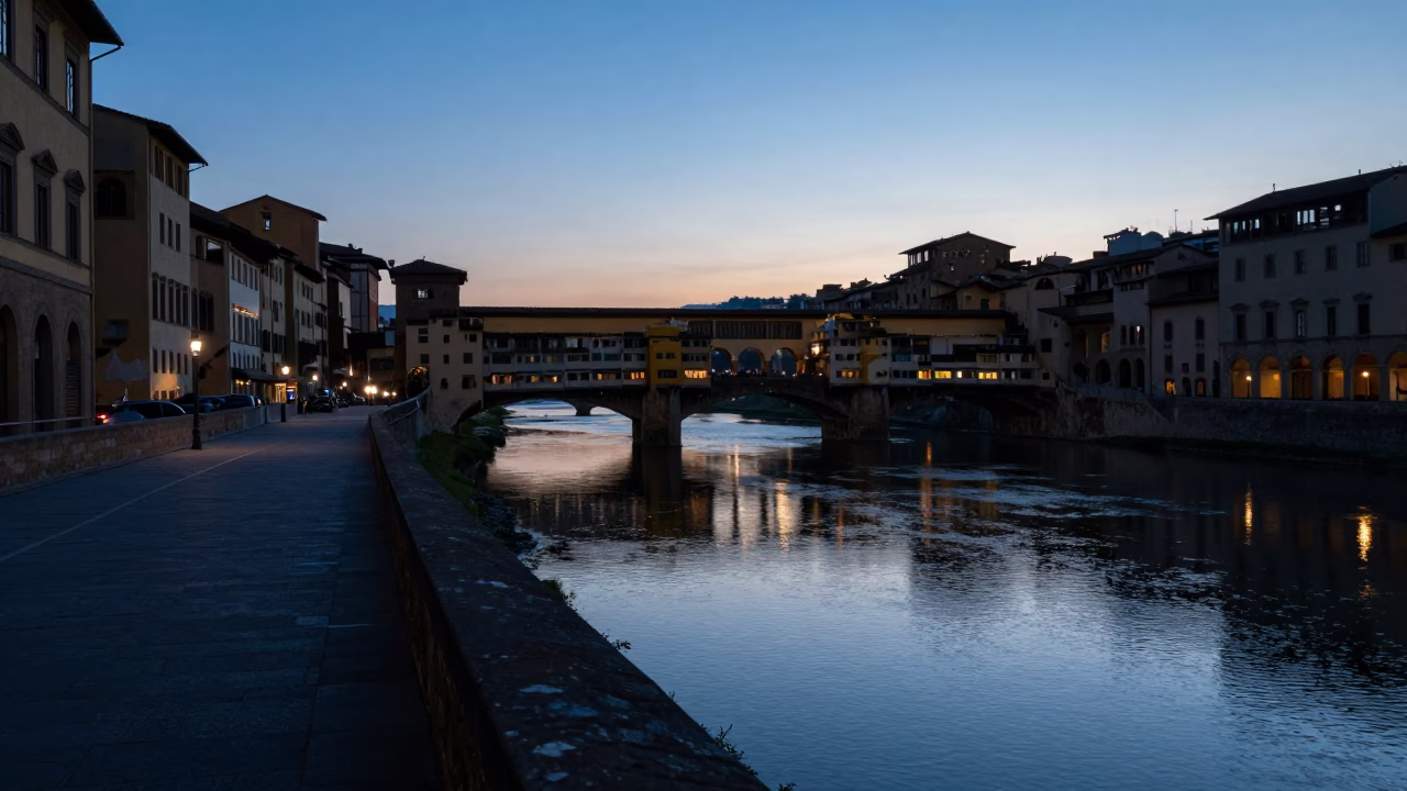 Nautical Dawn in Florence Italy Street Scene with Bridge Pier and Morning Activity in in Florence, Italy