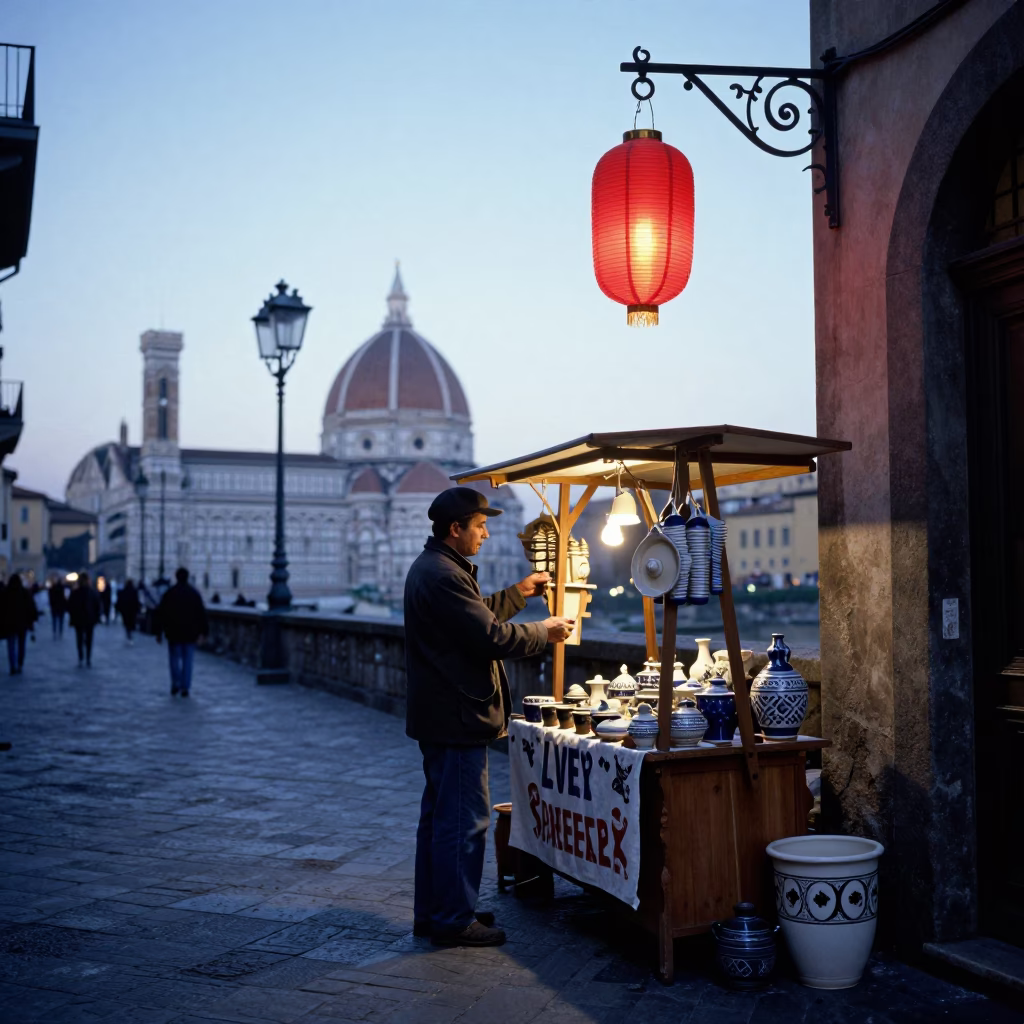 Nautical Dawn in Florence Italy Street Scene with Paper Lantern and Lockbox in in Florence, Italy