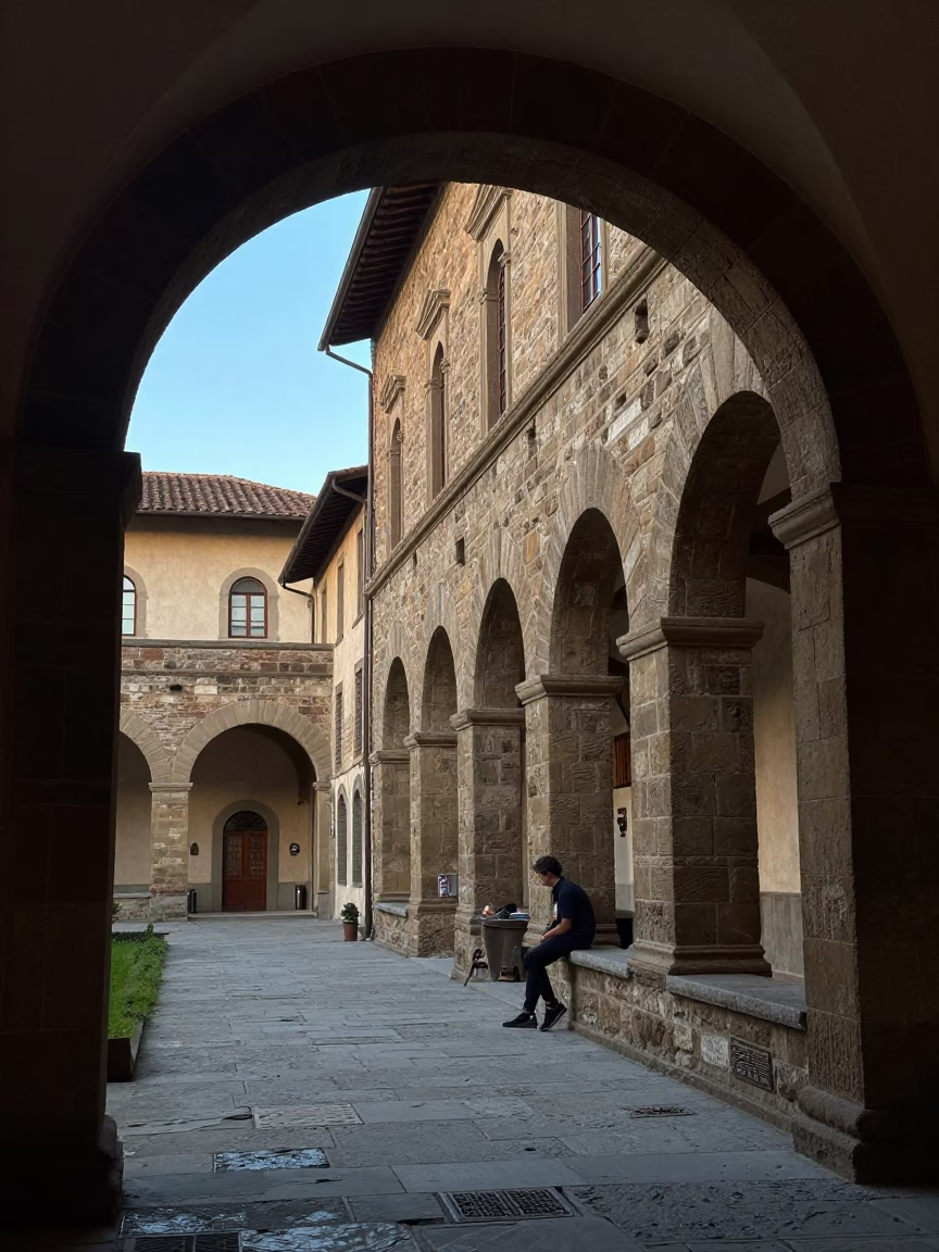 Nautical Dawn in Florence Italy University Cloister Walkway with Stone Buildings in in Florence, Italy