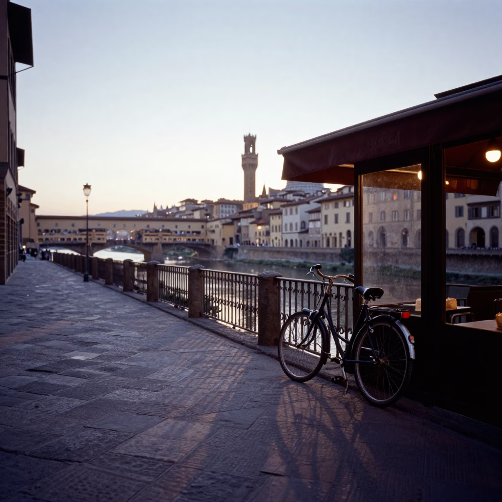 Nautical Dawn in Florence Italy with Bicycle Leaning Against Cafe in in Florence, Italy