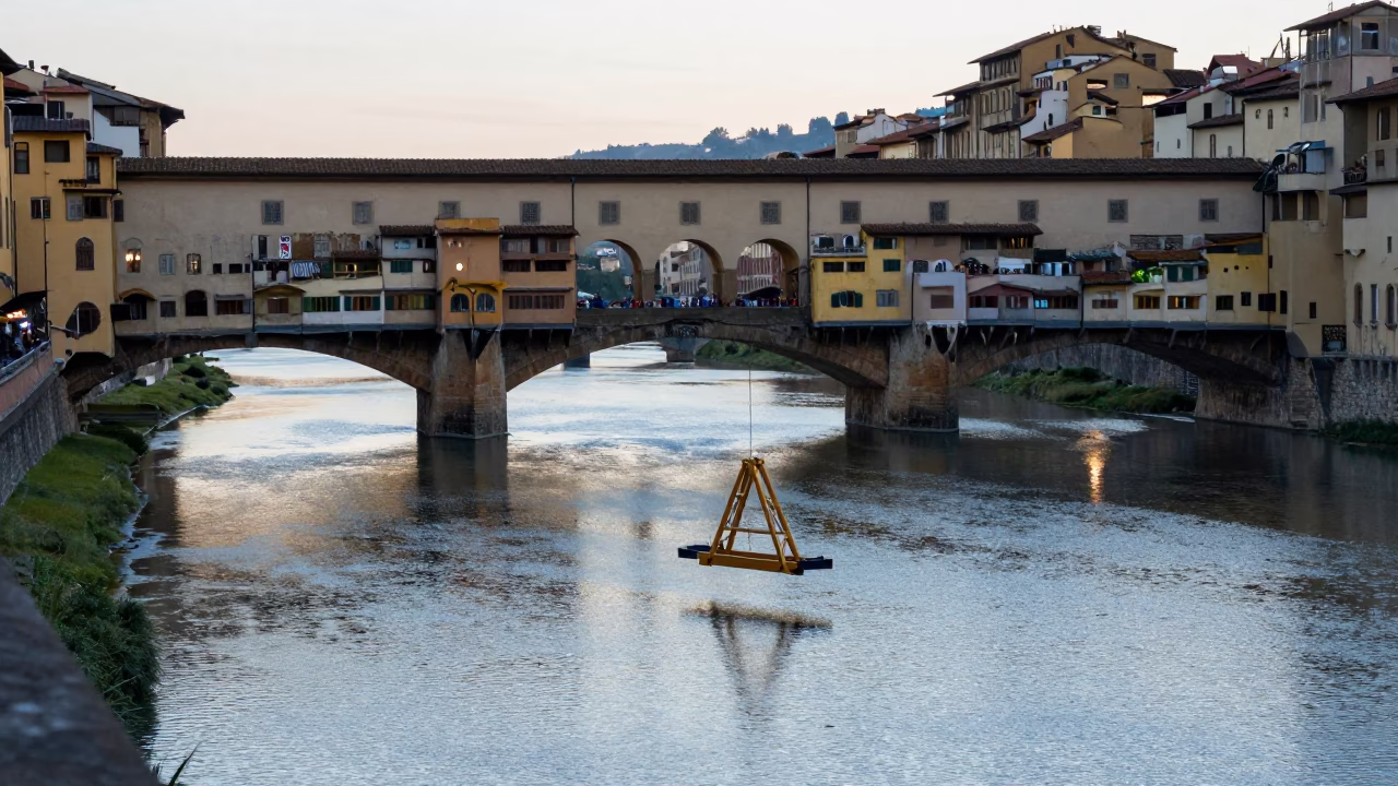 Nautical Dawn in Florence Italy with Bridge Maintenance Cradle and Condensation on Wall in in Florence, Italy