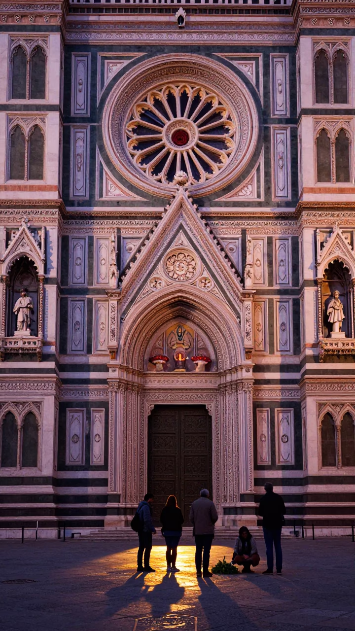 Nautical Dawn in Florence Italy with Gothic Rose Window and Mushroom Foragers in in Florence, Italy