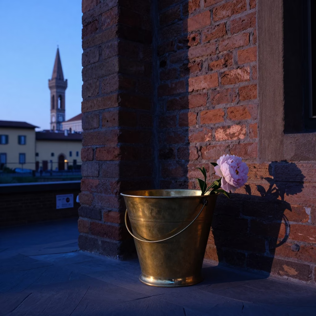 Nautical Dawn in Florence Italy with Polished Brass Bucket and Peony Bush in in Florence, Italy