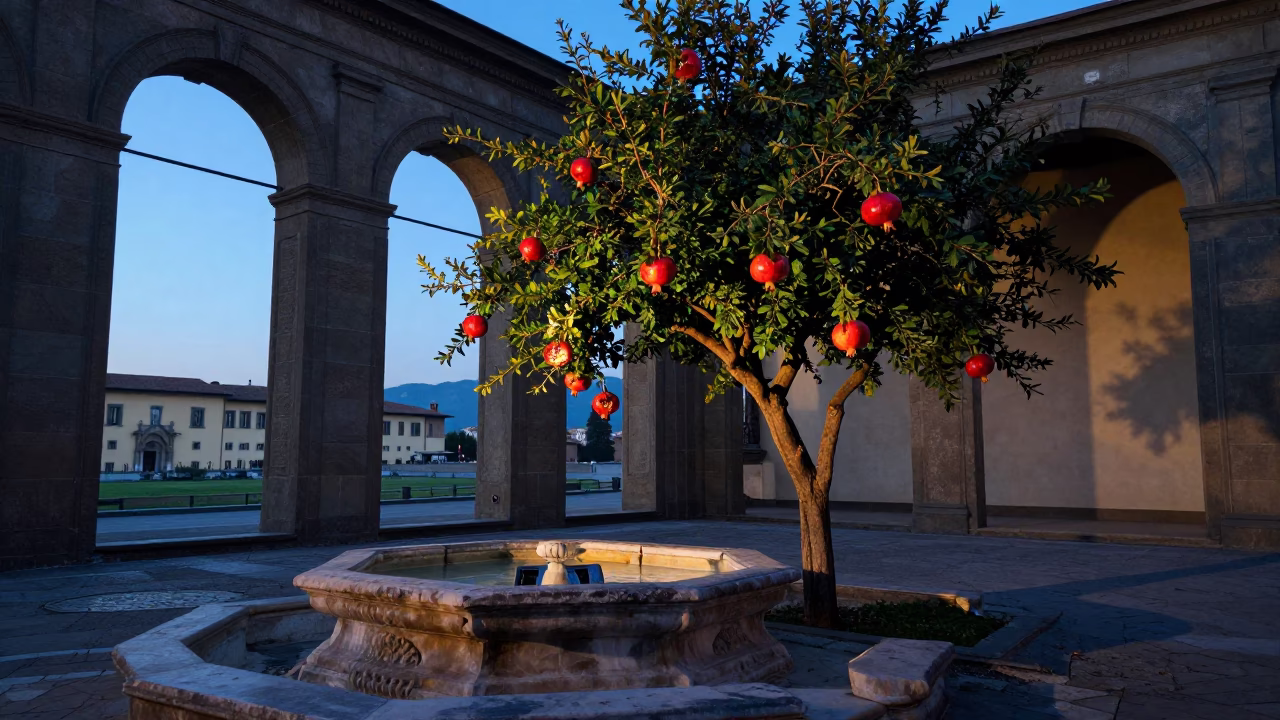 Nautical Dawn in Florence Italy with Pomegranate Tree and Split Fruit in in Florence, Italy