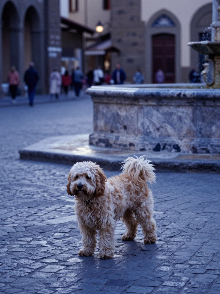 Nautical Dawn in Florence Italy with Spanish Water Dog on Cobblestone Street in in Florence, Italy