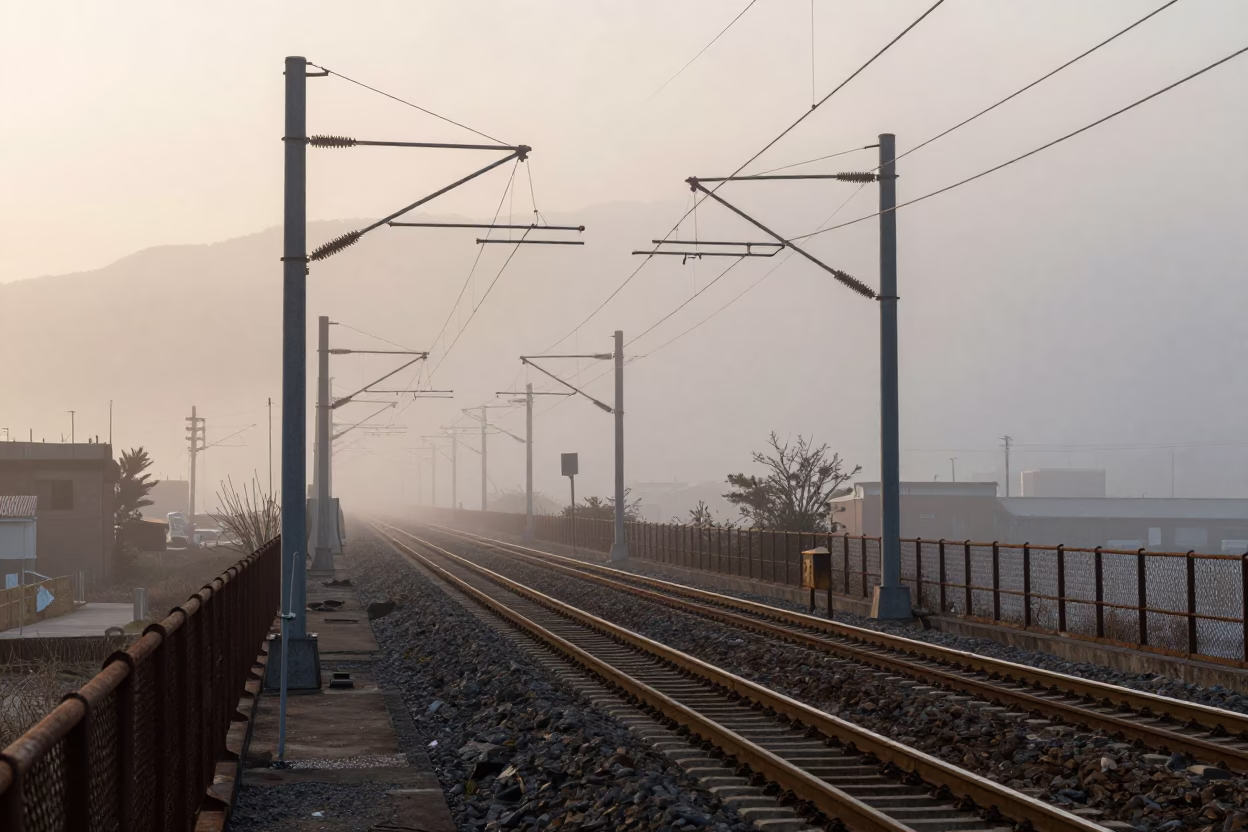 Nautical Dawn in Fukuoka Japan Catenary Lines and Industrial Fog in in Fukuoka, Japan