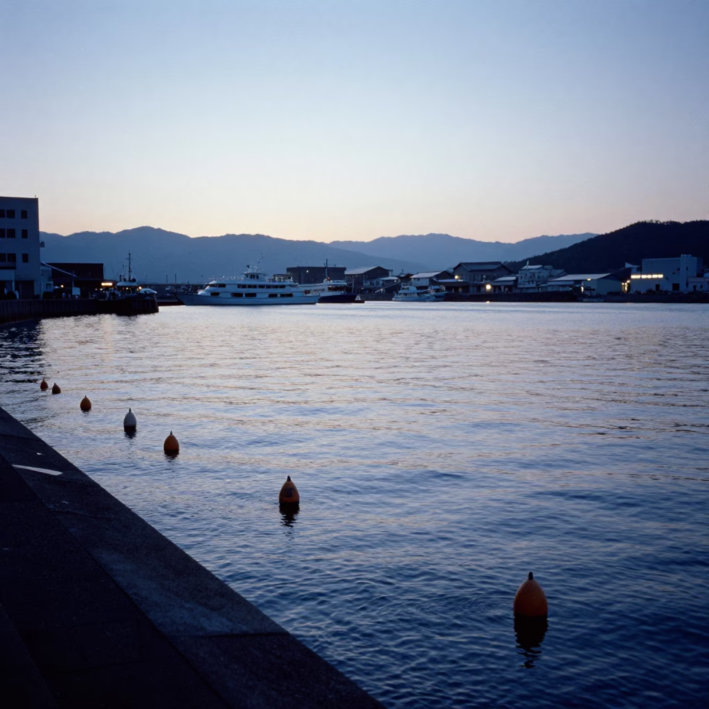 Nautical Dawn in Fukuoka Japan Fishing Floats and Harbor Water in in Fukuoka, Japan