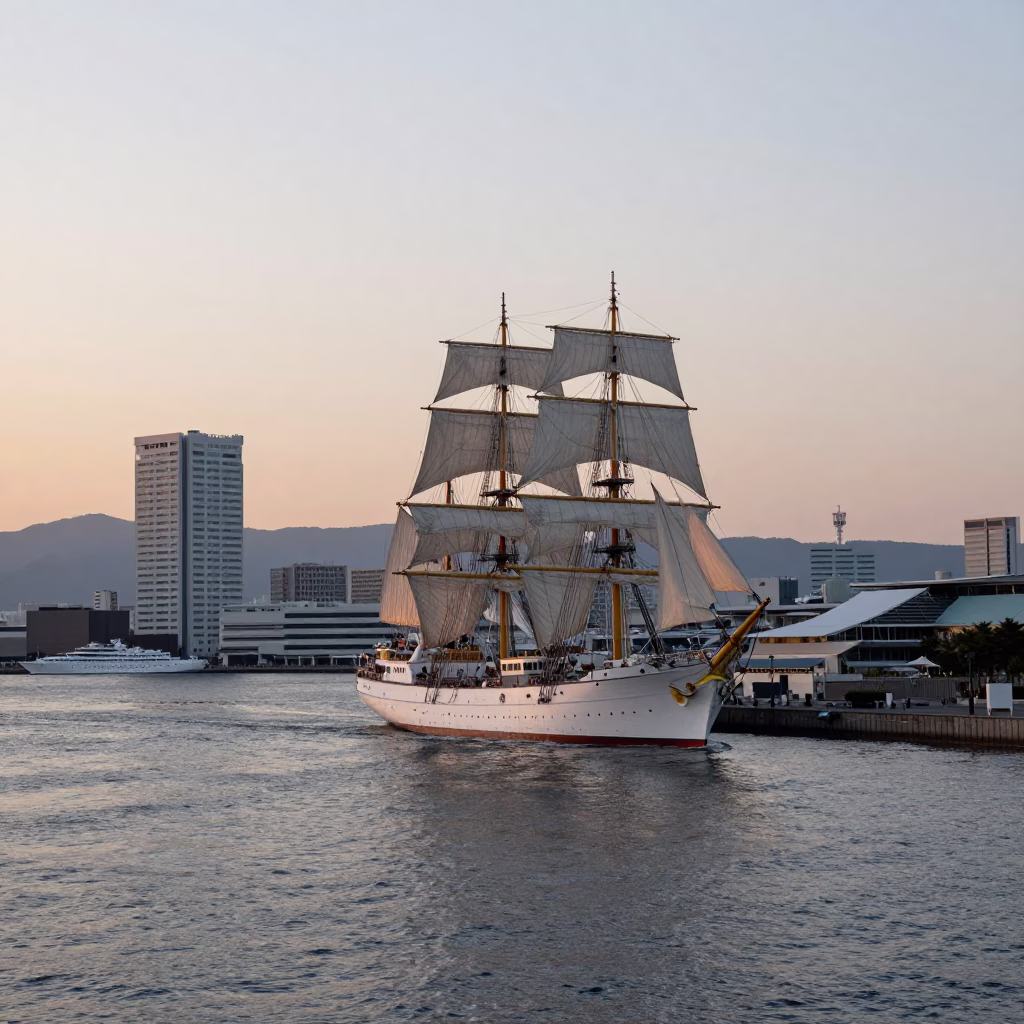Nautical Dawn in Fukuoka Japan Harbor with Tall Ship and Urban Foreground in in Fukuoka, Japan