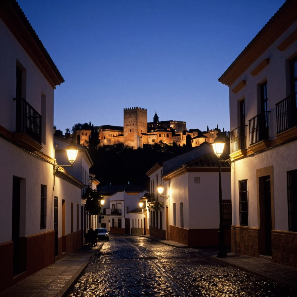 Nautical Dawn in Granada Spain Alhambra Silhouette and Street Life in in Granada, Spain