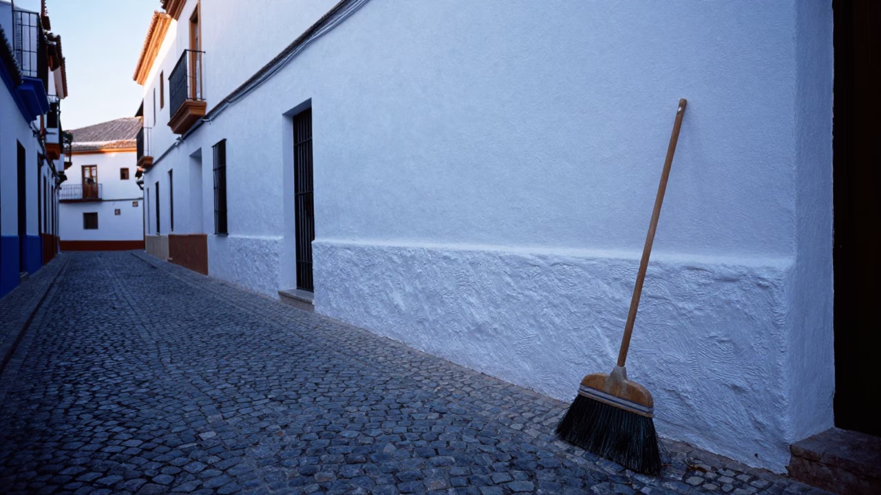 Nautical Dawn in Granada Spain Cobblestone Street with Brooms and Coiled Rope in in Granada, Spain