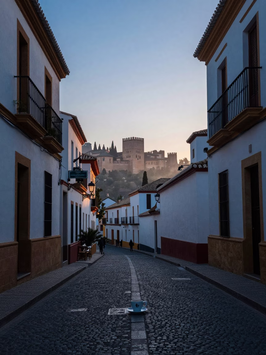 Nautical Dawn in Granada Spain Street Scene with Coffee Cup and Morning Light in in Granada, Spain
