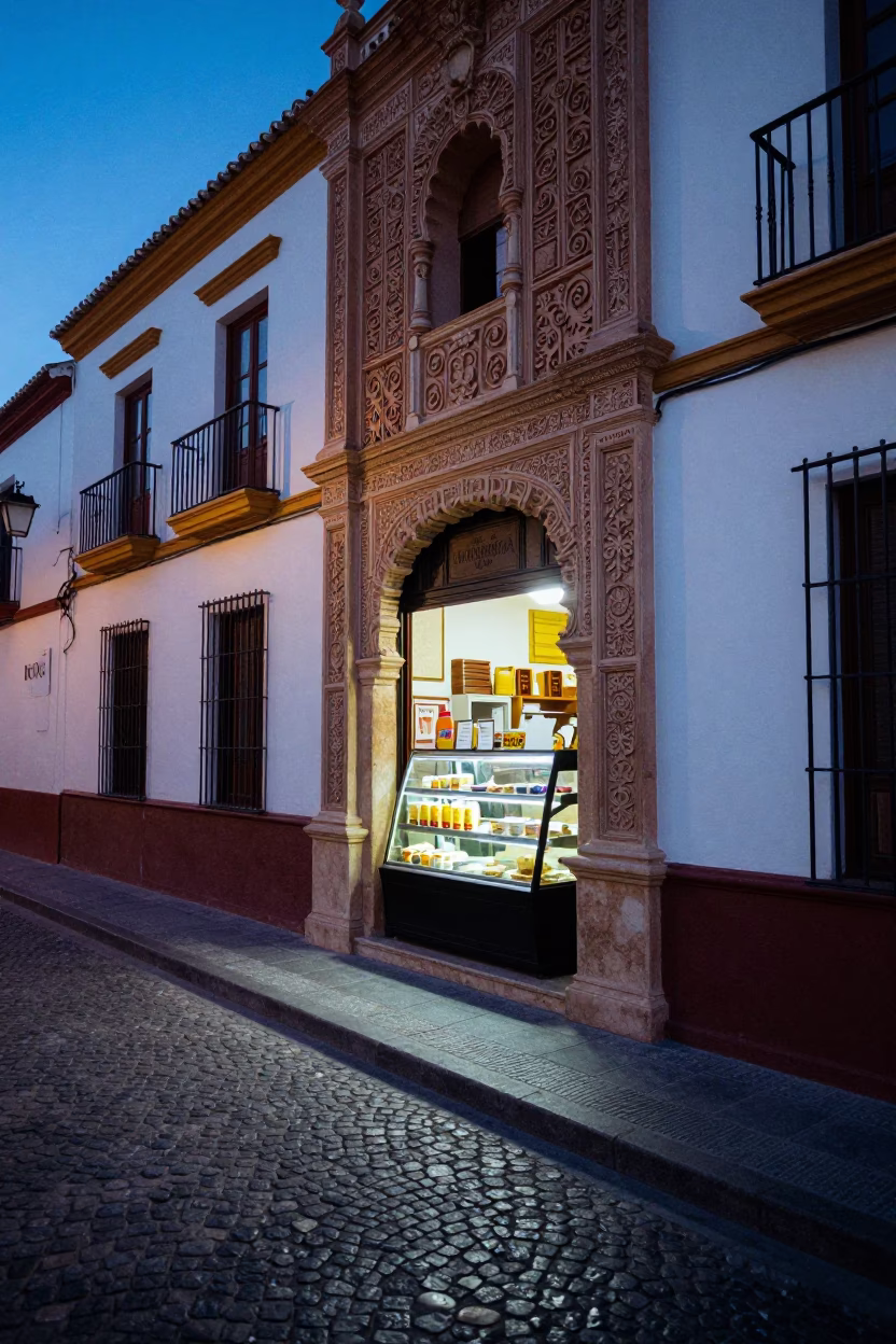 Nautical Dawn in Granada Spain Street Scene with Local Bakery Display in in Granada, Spain