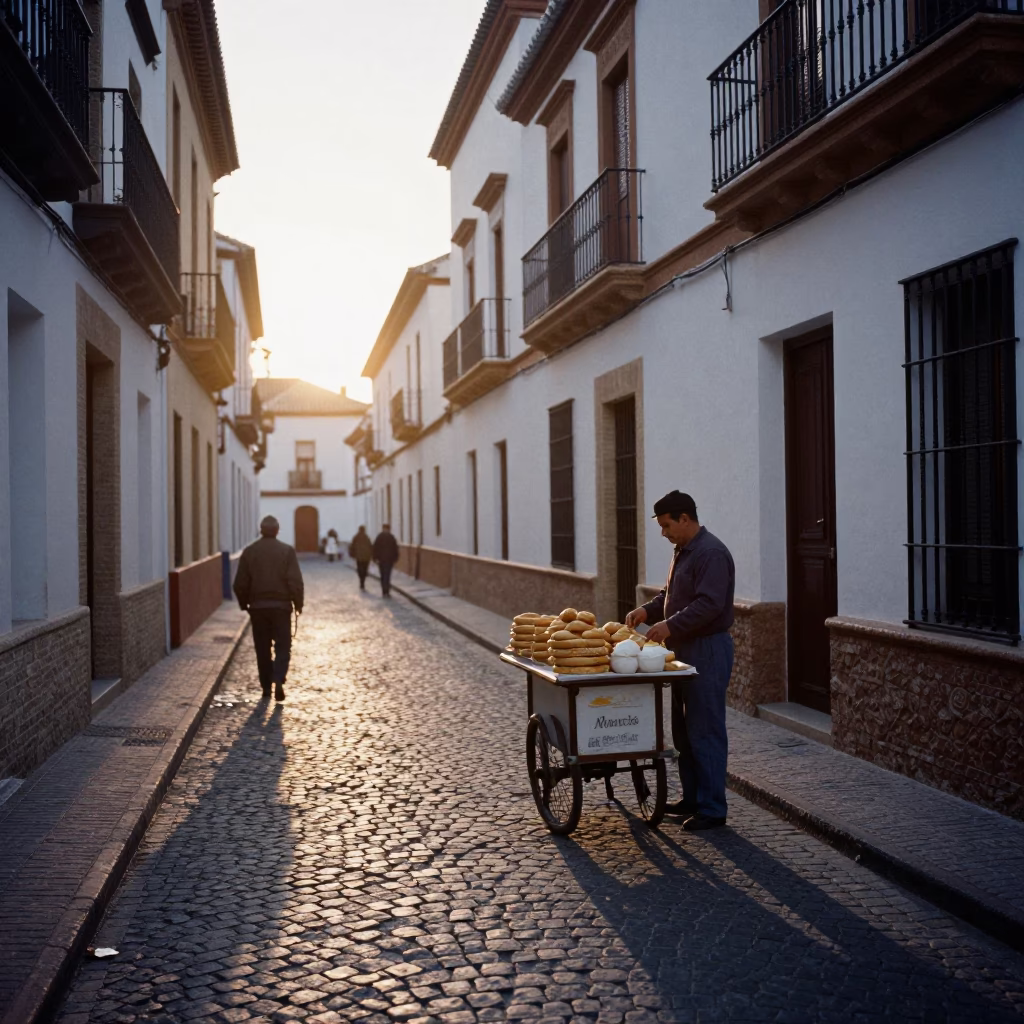 Nautical Dawn in Granada Spain Street Scene with Manakeesh Breakfast in in Granada, Spain