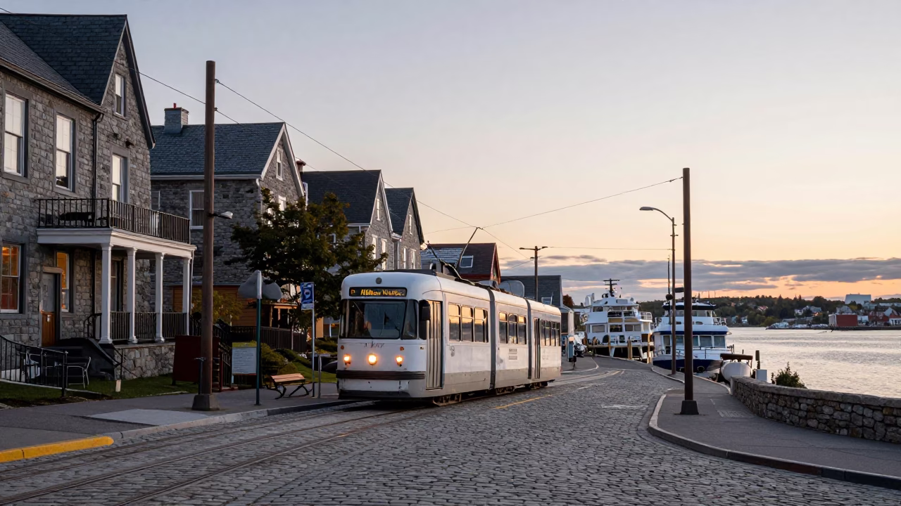 Nautical Dawn in Halifax Nova Scotia Harbour with Tram on Steep Hill in in Halifax, Nova Scotia, Canada
