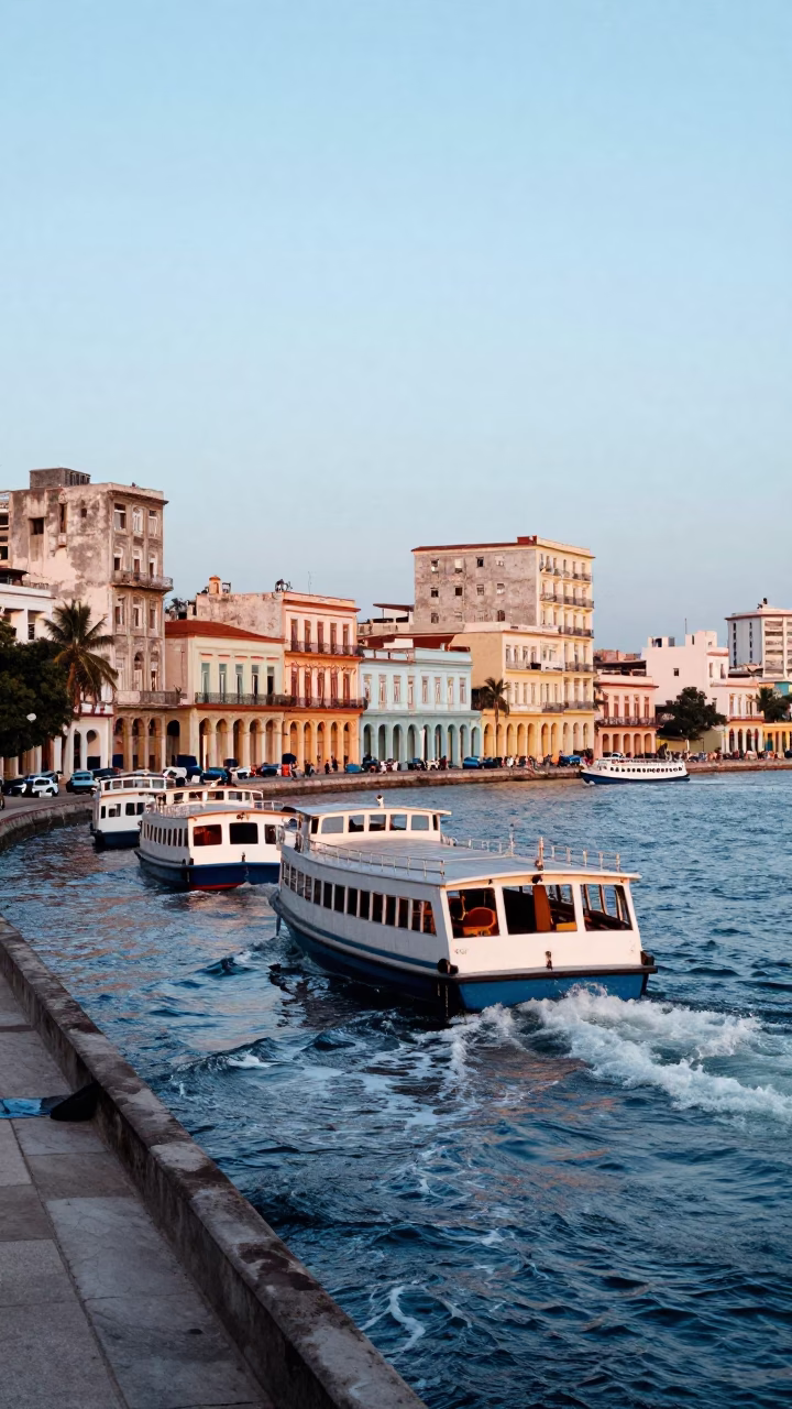 Nautical Dawn in Havana Cuba Water Taxi Canal Houseboats Street Scene in in Havana, Cuba