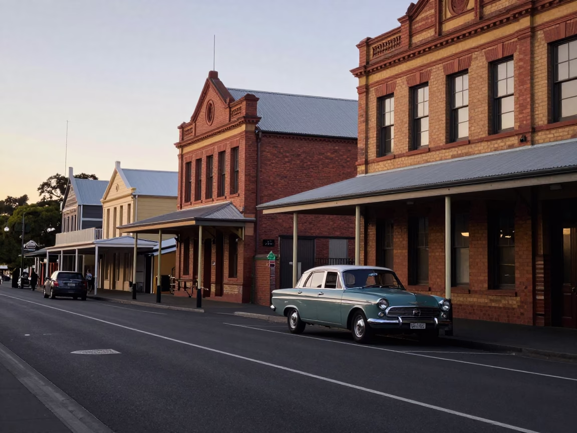 Nautical Dawn in Hobart Tasmania Australia Street Scene with Vintage Car and Harbour in in Hobart, Tasmania, Australia