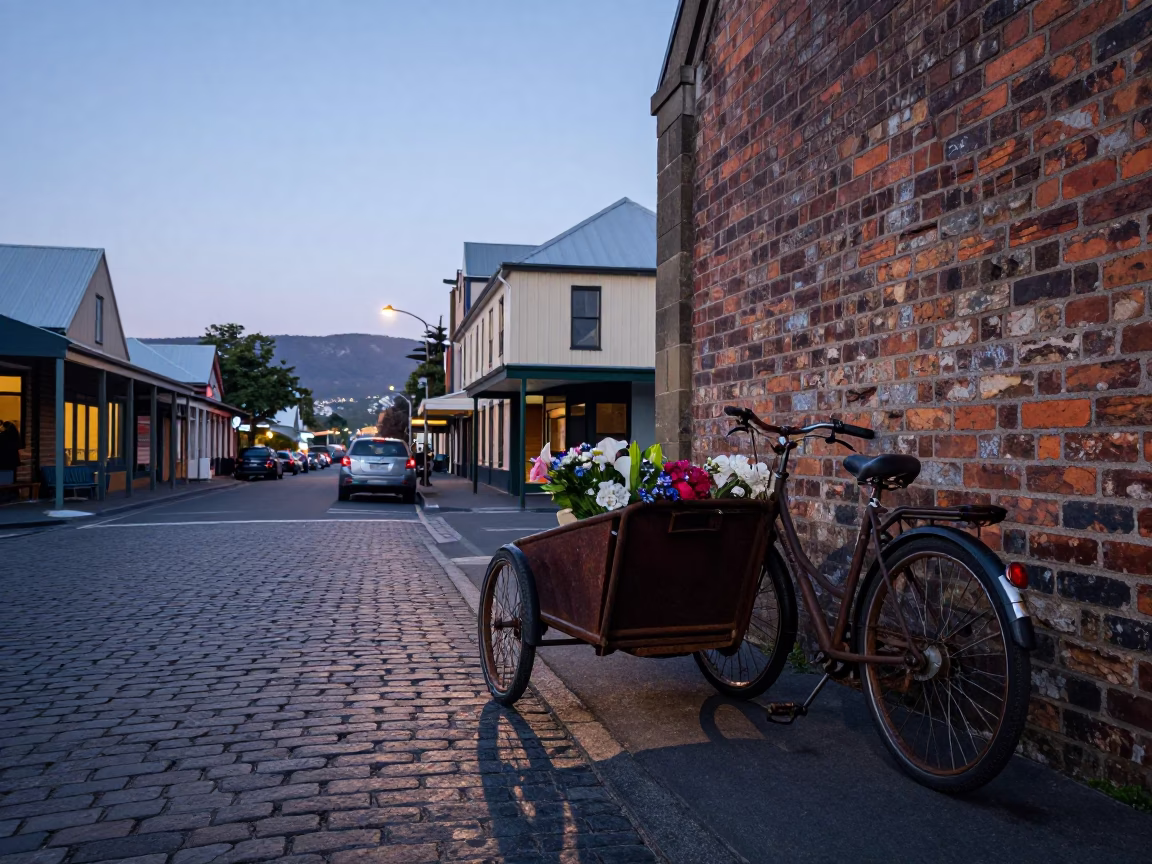 Nautical Dawn in Hobart Tasmania Australia with Cargo Bicycle and Local Street Scene in in Hobart, Tasmania, Australia