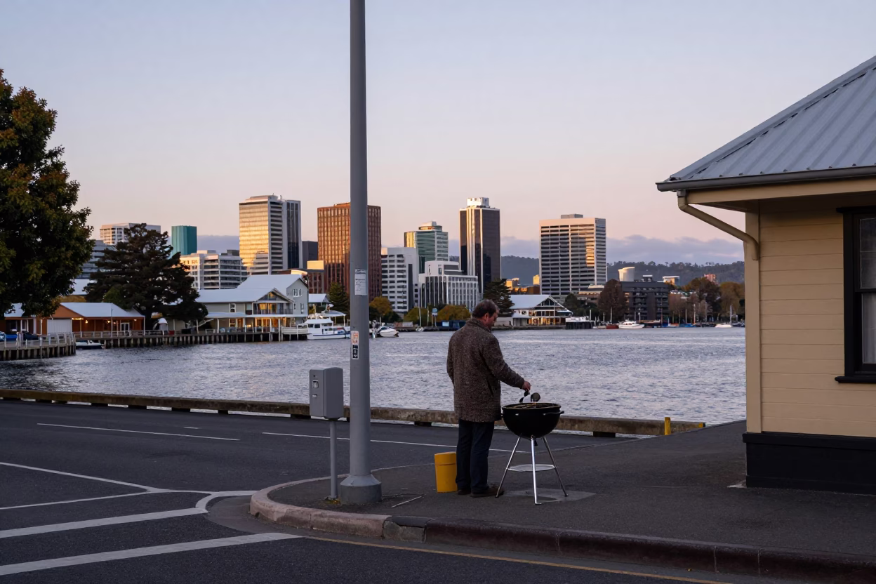 Nautical Dawn in Hobart Tasmania Street Scene with District Heating Pipes and Grilling Kebab in in Hobart, Tasmania, Australia