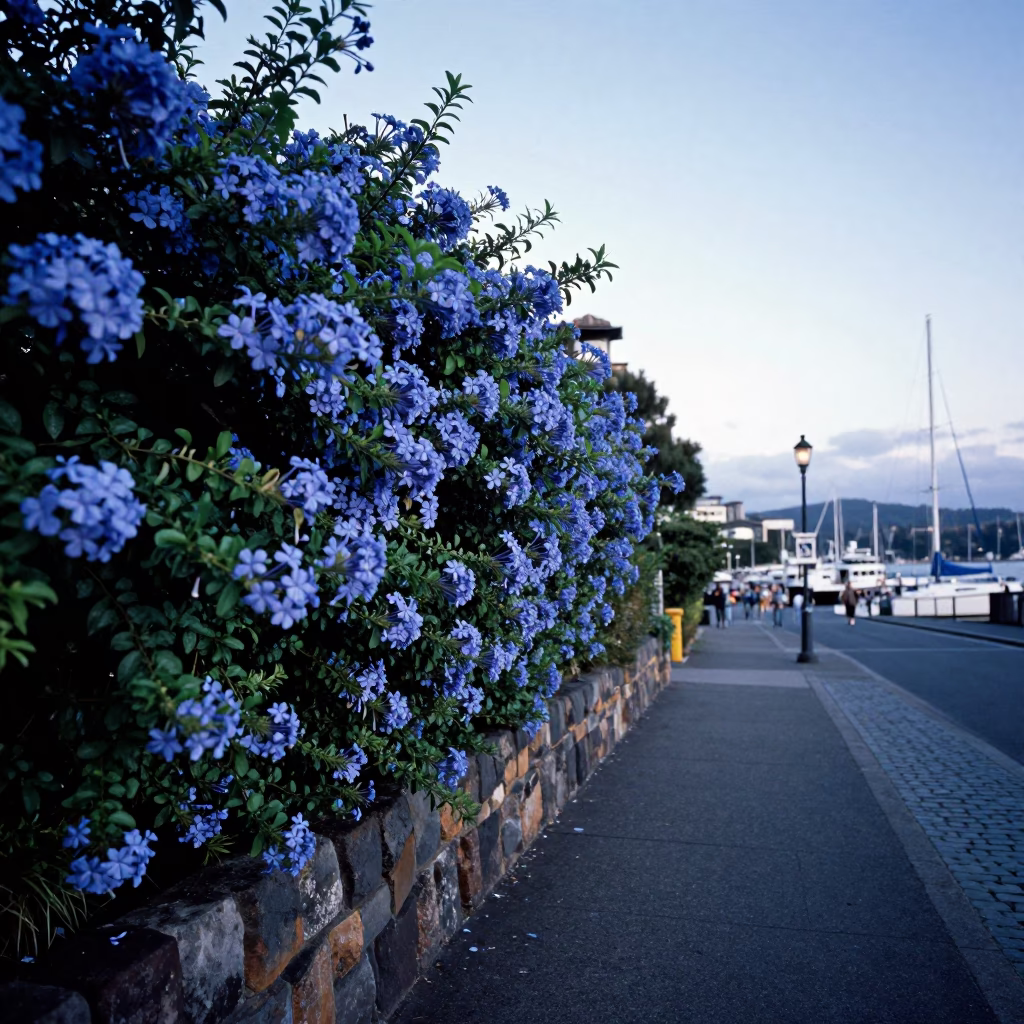 Nautical Dawn in Hobart Tasmania with Cerulean Plumbago Hedge and Harbor View in in Hobart, Tasmania, Australia
