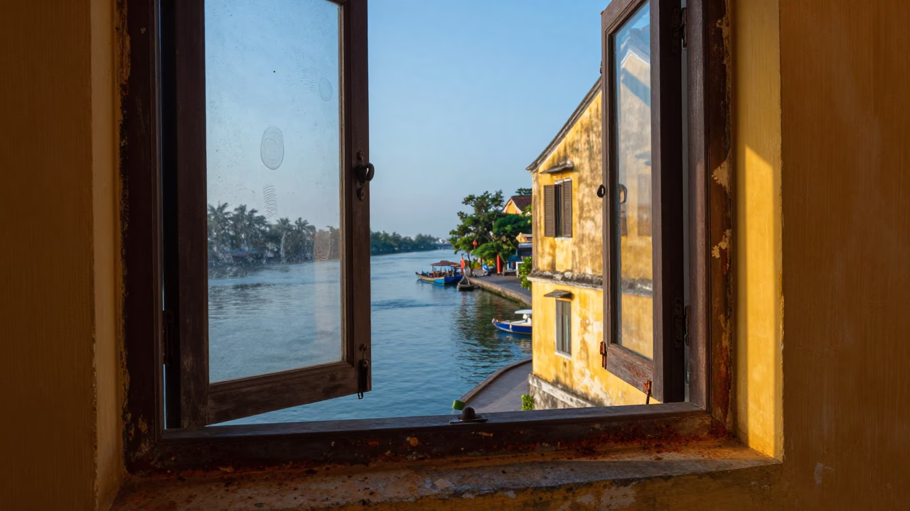 Nautical Dawn in Hoi An Vietnam Rusty Window Sill and Fingerprinted Glass in in Hoi An, Vietnam