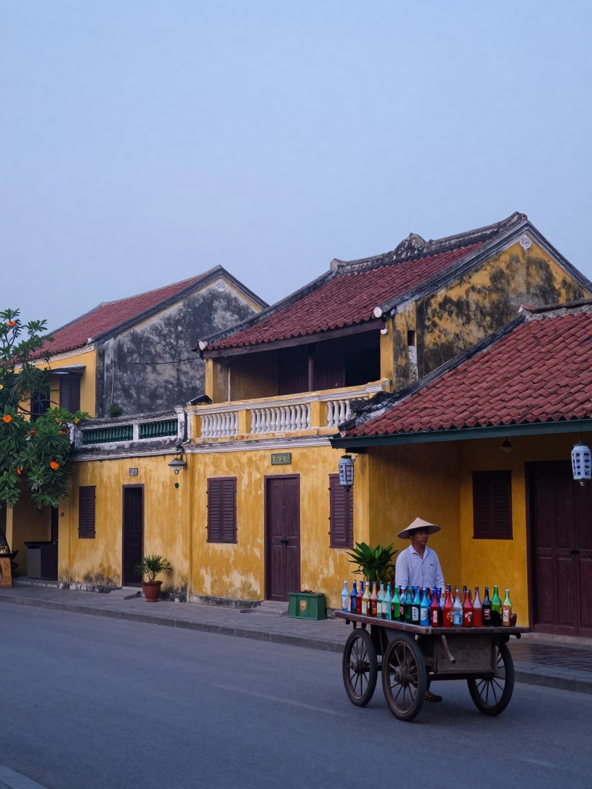 Nautical Dawn in Hoi An Vietnam Street Scene with Colorful Glass Bottle in in Hoi An, Vietnam