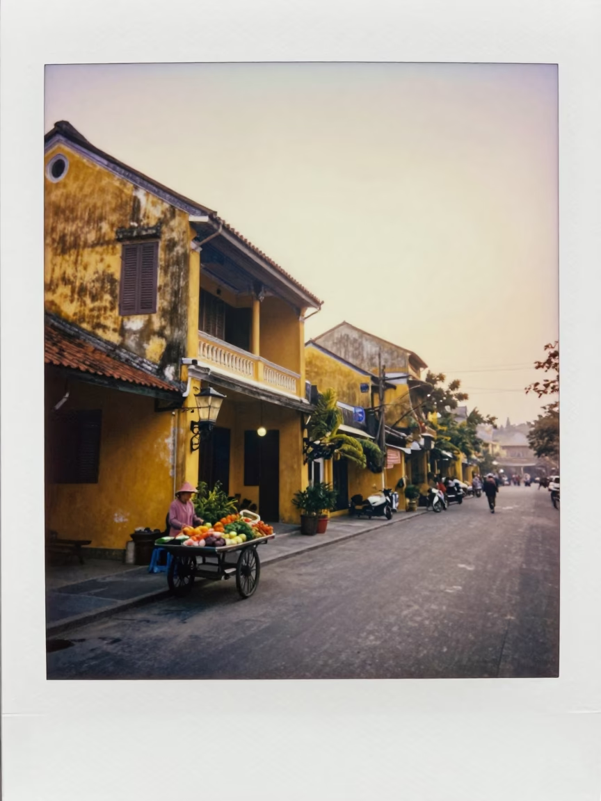 Nautical Dawn in Hoi An Vietnam Street Scene with Yellow Facades and Local Life in in Hoi An, Vietnam