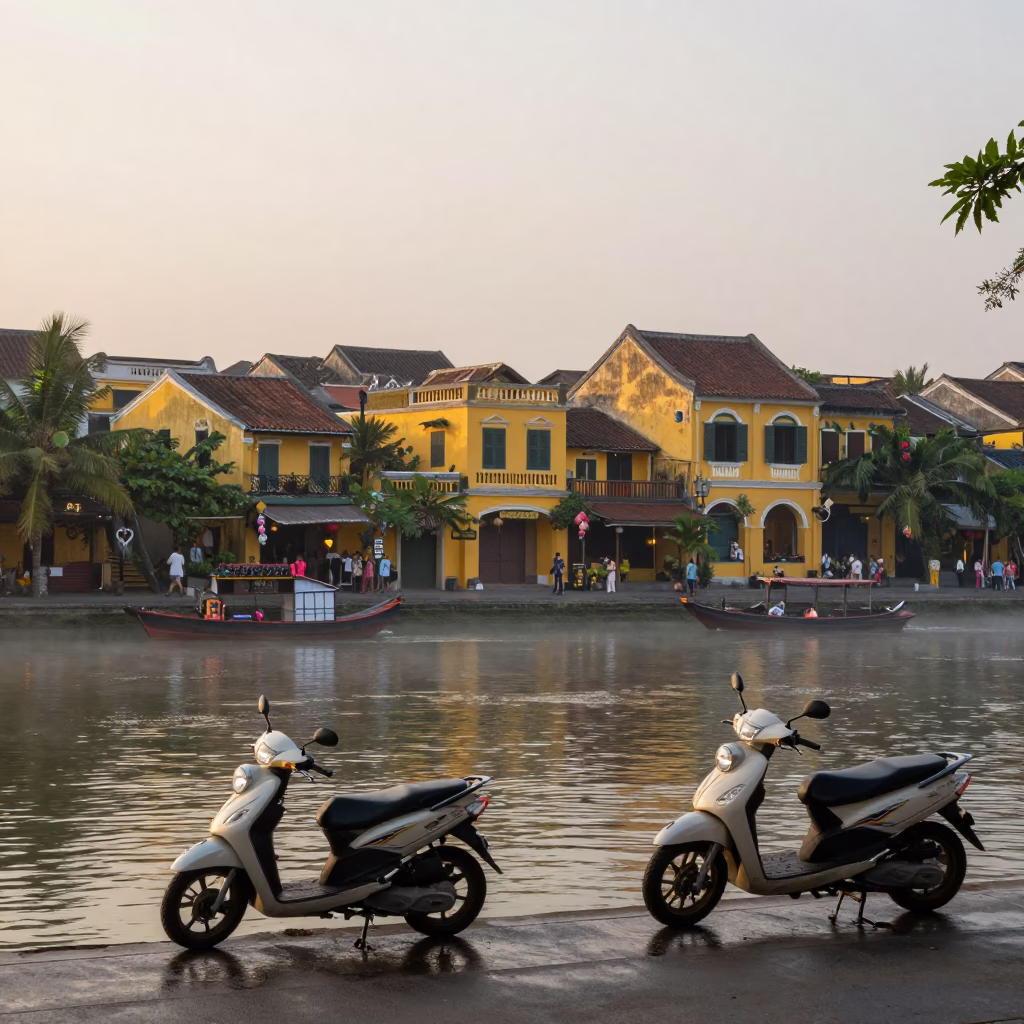 Nautical Dawn in Hoi An Vietnam Traditional Yellow Shophouses and Scooter Traffic in in Hoi An, Vietnam