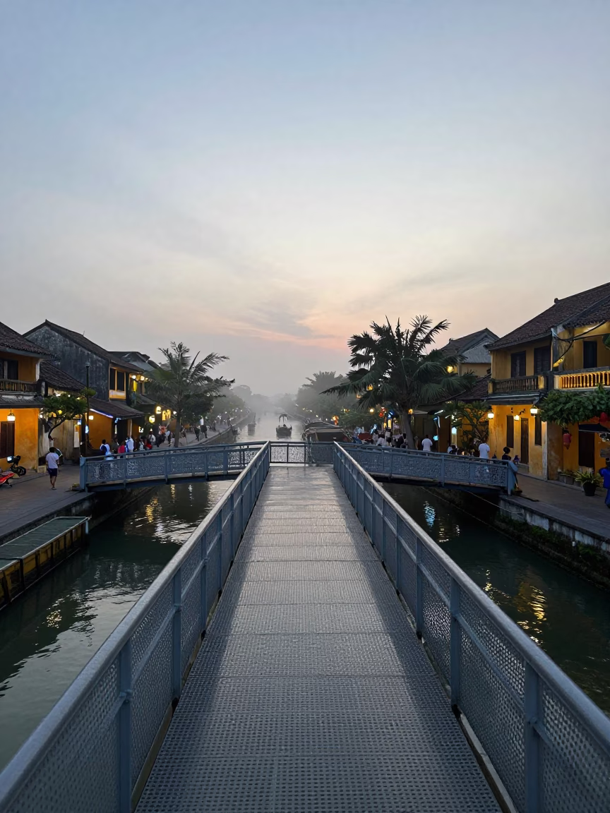 Nautical Dawn in Hoi An Vietnam with Pedestrian Overpass and Wet Footsteps in in Hoi An, Vietnam