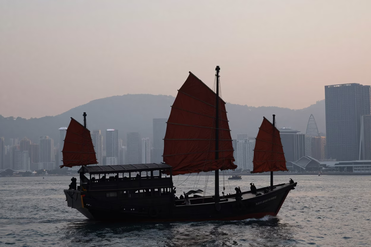 Nautical Dawn in Hong Kong Harbor with Chinese Junk and Traditional Battened Sails in in Hong Kong, Hong Kong
