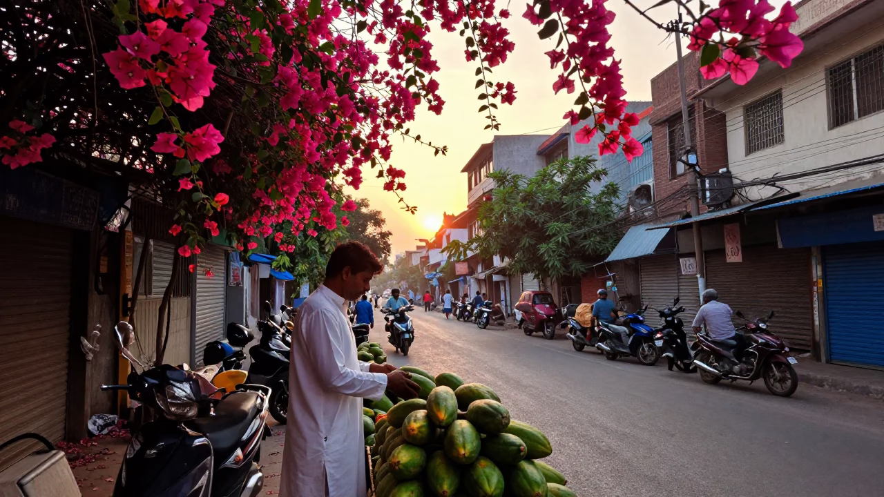 Nautical Dawn in Hyderabad India Bougainvillea and Local Street Life in in Hyderabad, India
