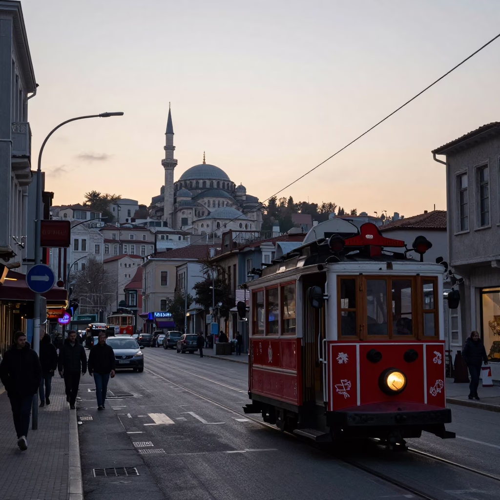Nautical Dawn in Istanbul Turkey Street Scene with Cable Car and Sea Fog in in Istanbul, Turkey