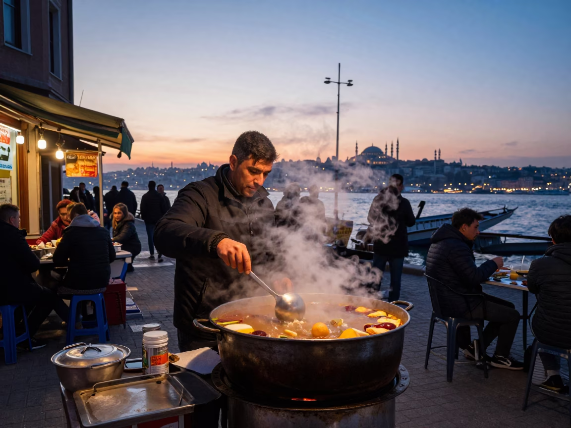 Nautical Dawn in Istanbul Turkey Street Scene with Steaming Hotpot Vendor in in Istanbul, Turkey