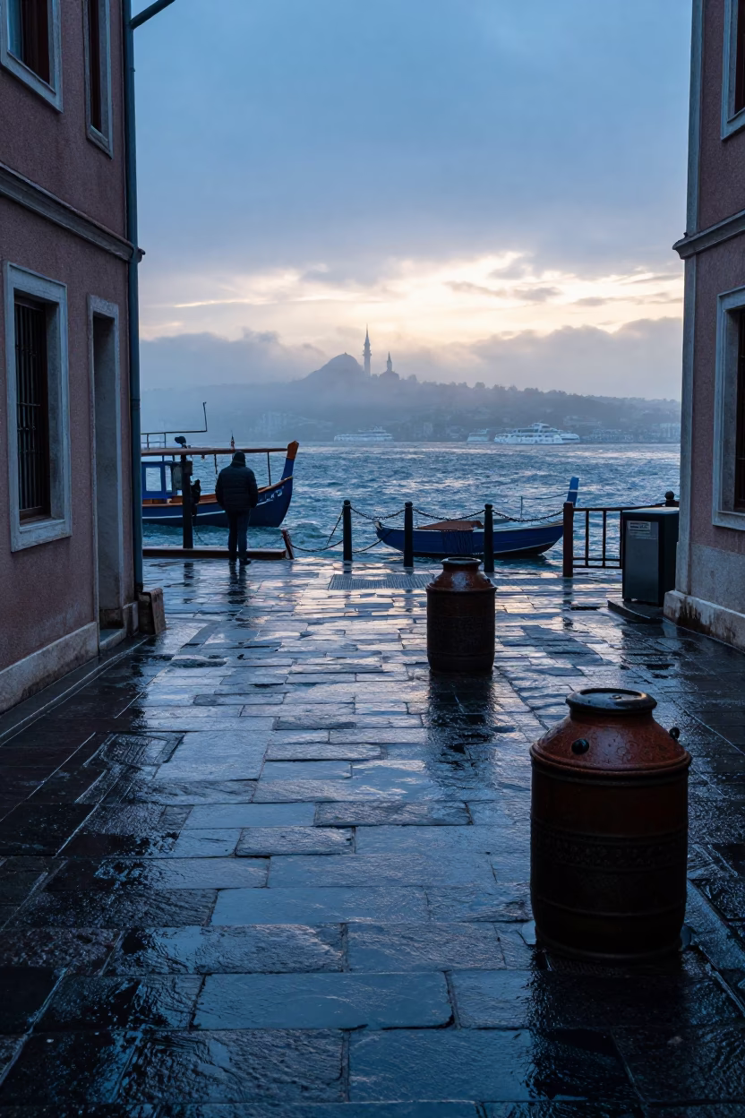 Nautical Dawn in Istanbul Turkey Wet Flagstones and Vintage Canisters in in Istanbul, Turkey