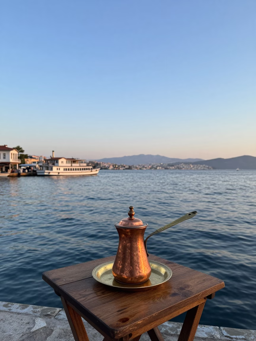 Nautical Dawn in Izmir Turkey Harbor with Traditional Copper Coffee Pot on Brass Plate in in Izmir, Turkey