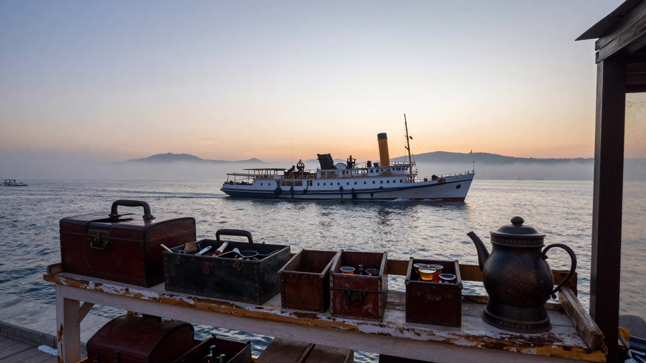 Nautical Dawn in Izmir Turkey with Vintage Steamship and Local Tea Stains in in Izmir, Turkey