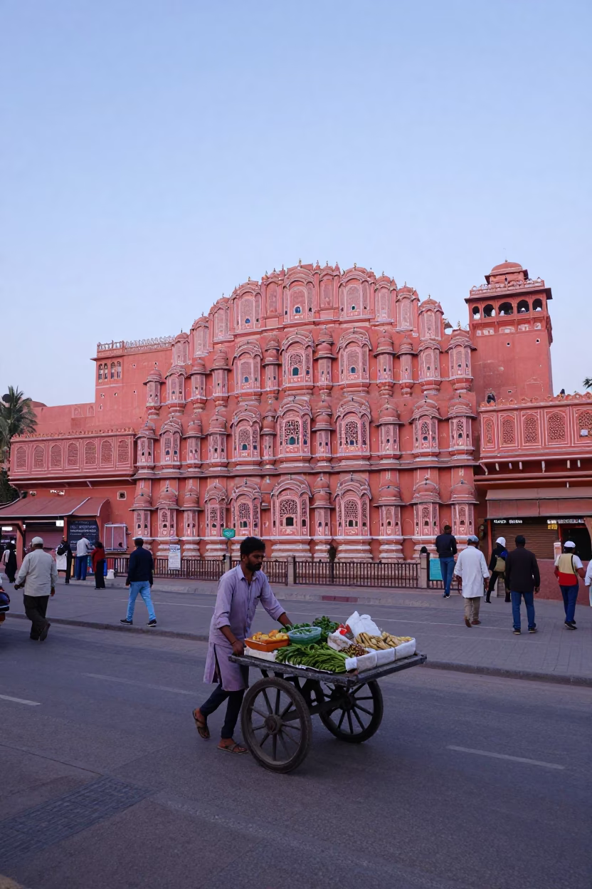Nautical Dawn in Jaipur India Street Scene with Pink Sandstone Architecture and Morning Commuters in in Jaipur, India