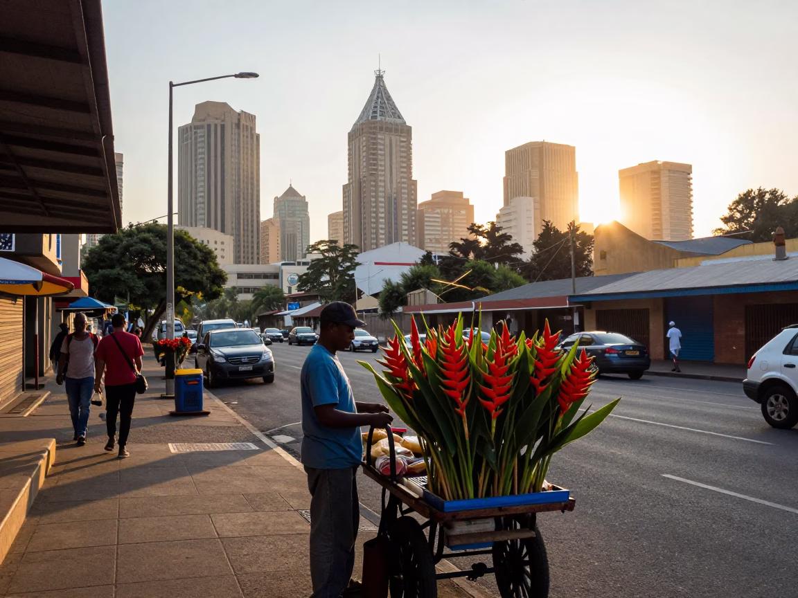 Nautical Dawn in Johannesburg Street Scene with Heliconia and Local Market Activity in in Johannesburg, South Africa