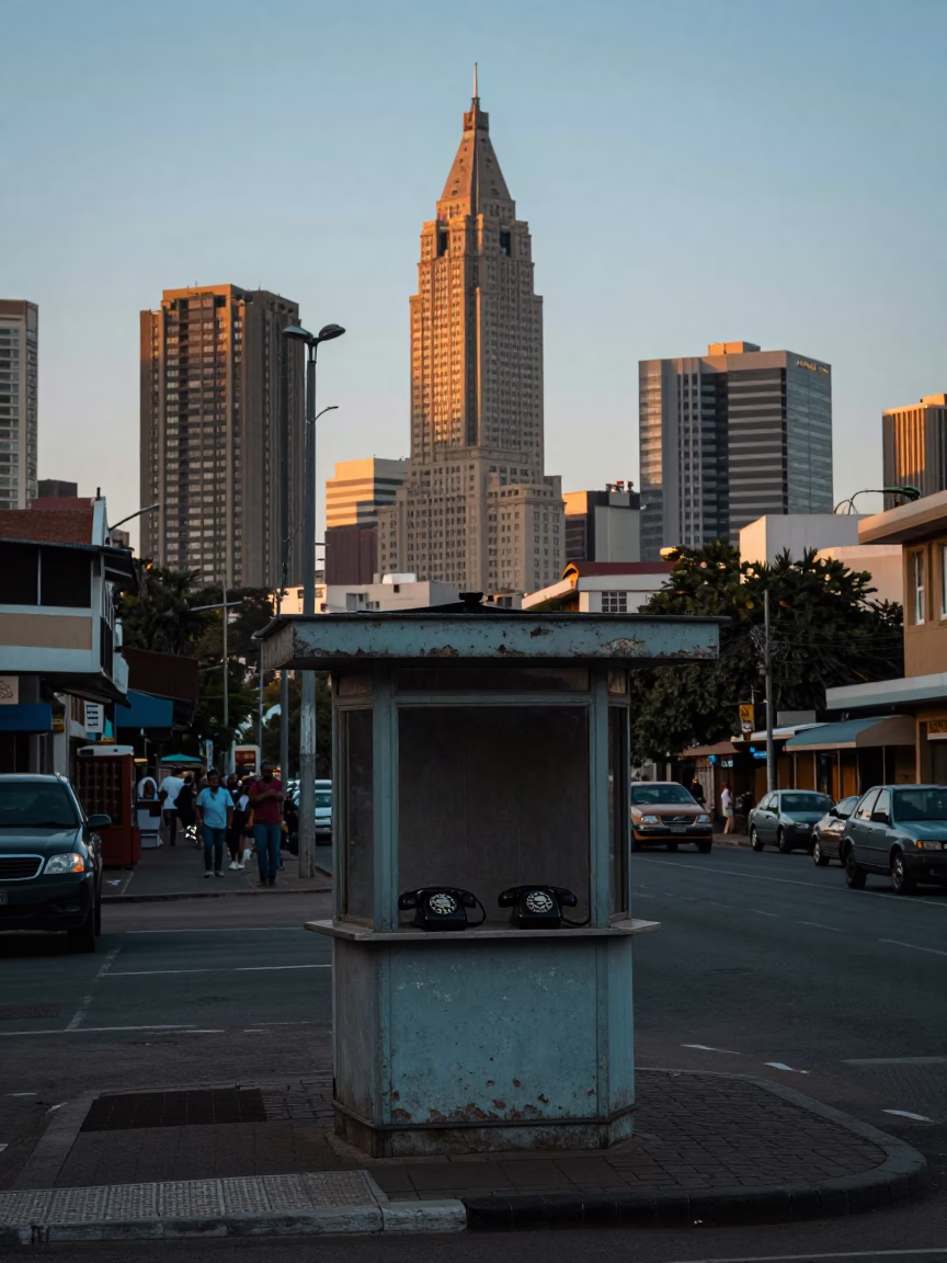 Nautical Dawn in Johannesburg Street Scene with Vintage Bakelite Telephone on Reception Desk in in Johannesburg, South Africa