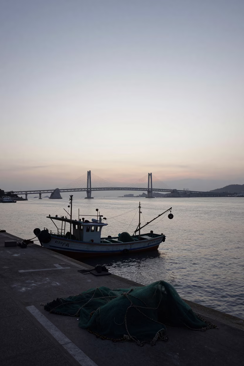 Nautical Dawn in Kaohsiung Taiwan Harbor View with Fishing Nets and Morning Mist in in Kaohsiung, Taiwan