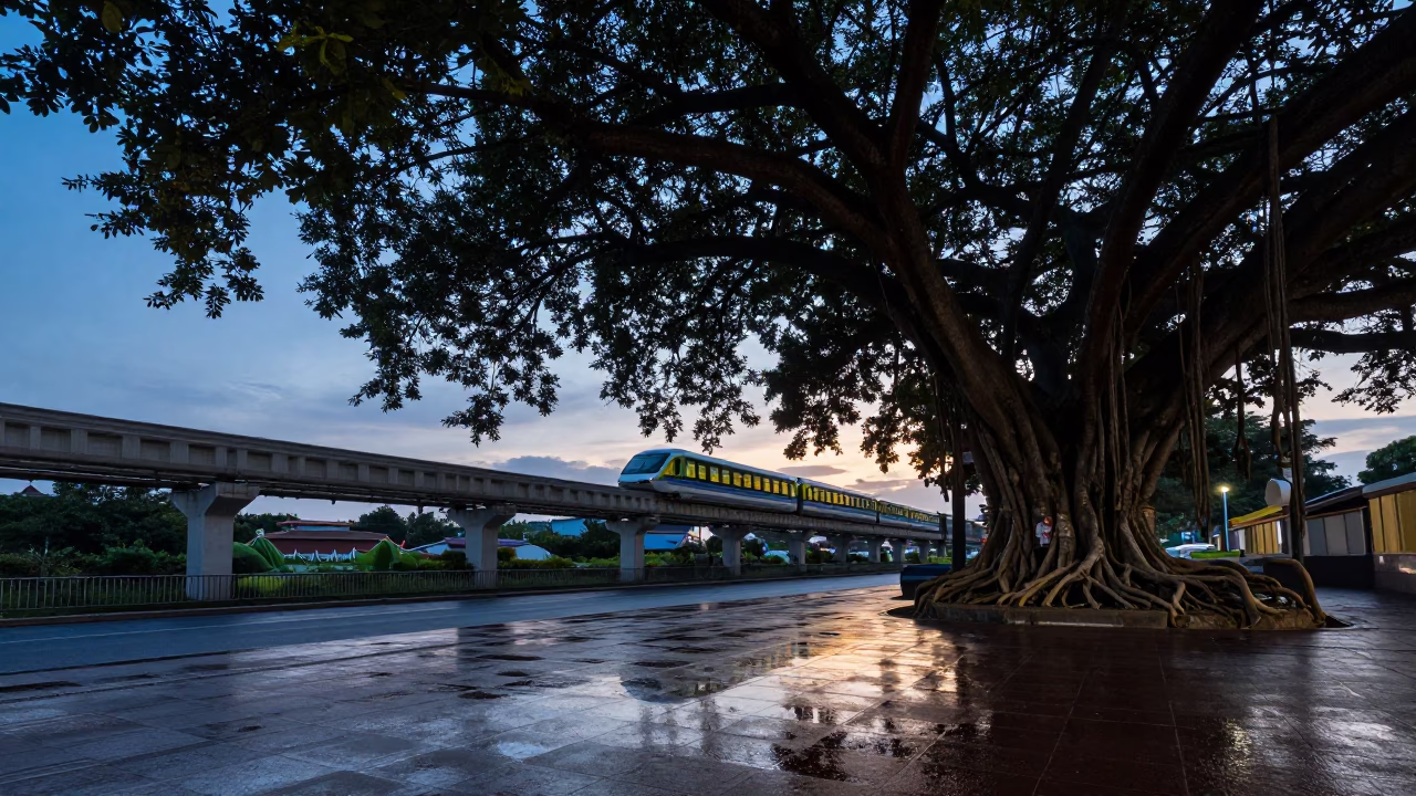 Nautical Dawn in Kaohsiung Taiwan Monorail Reflections and Banyan Tree Roots in in Kaohsiung, Taiwan