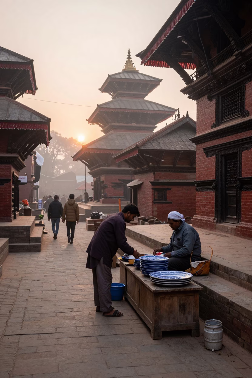 Nautical Dawn in Kathmandu Nepal Street Scene with Ceramic Plate and Pickle Jar in in Kathmandu, Nepal