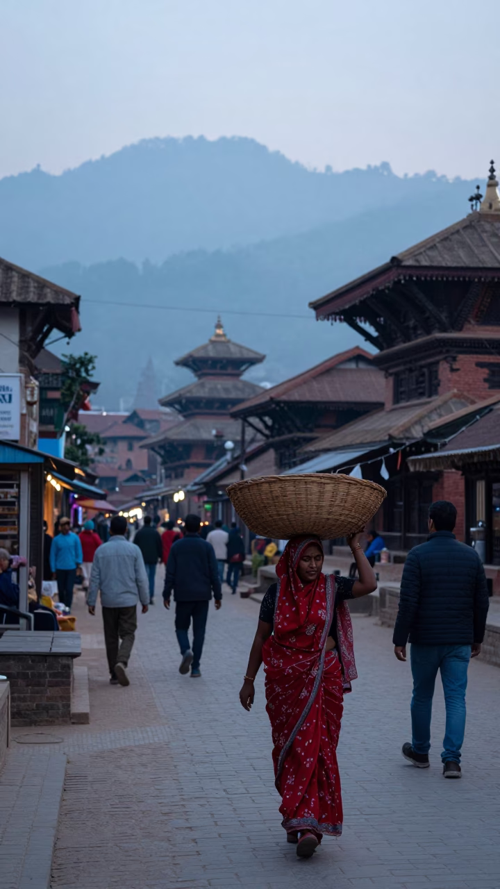 Nautical Dawn in Kathmandu Nepal Street Scene with Local Life and Traditional Elements in in Kathmandu, Nepal
