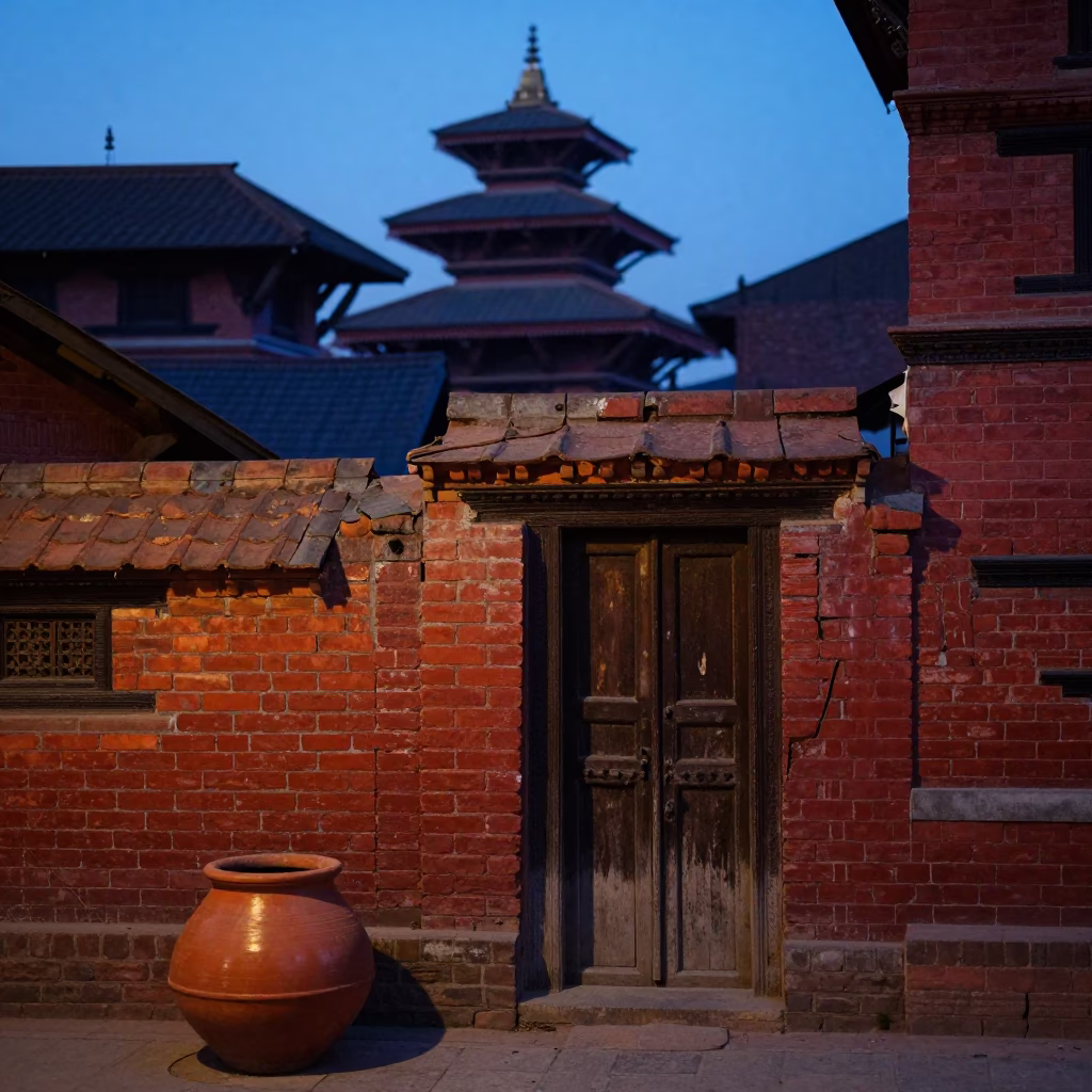 Nautical Dawn in Kathmandu Nepal Street Scene with Terracotta Pot and Fencing in in Kathmandu, Nepal