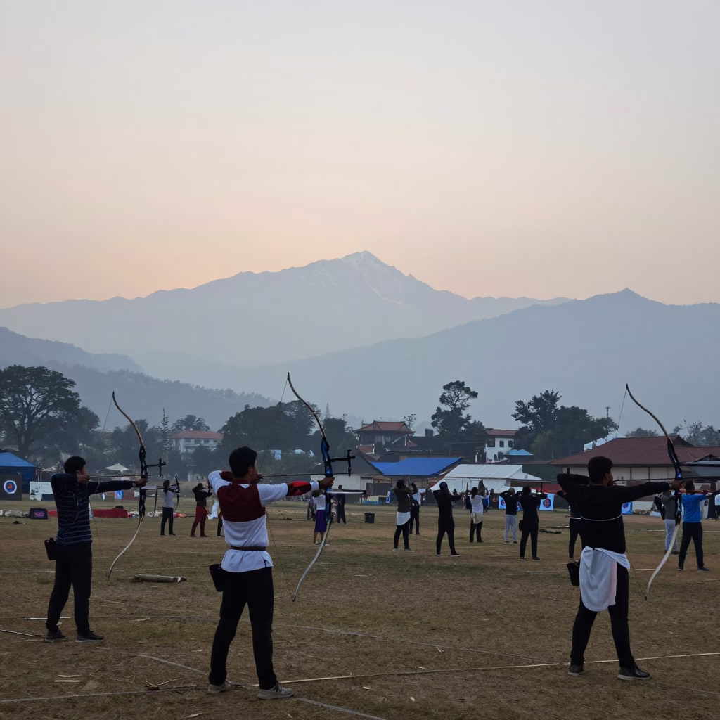 Nautical Dawn in Kathmandu Nepal Traditional Archery Contest on Open Field in in Kathmandu, Nepal