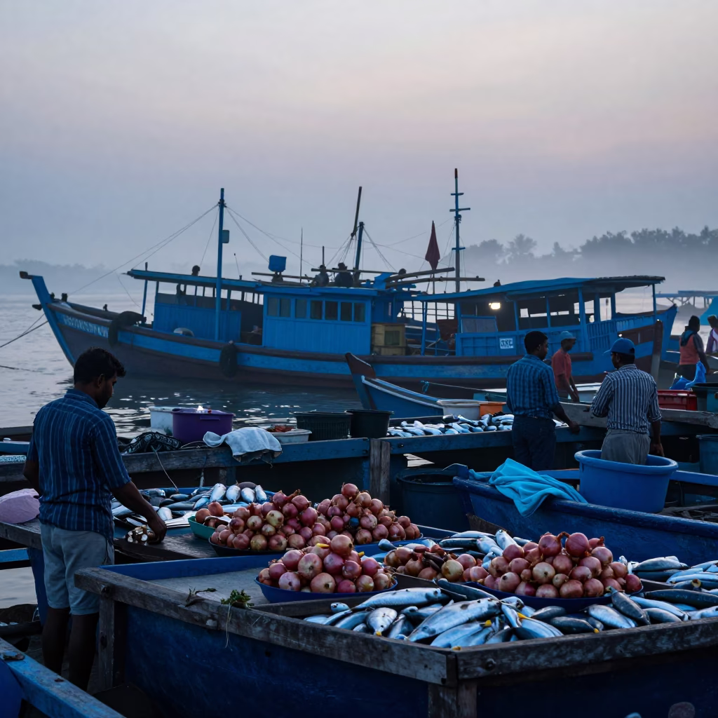 Nautical Dawn in Kochi India Fish Market with Onions and Steel Hooks in in Kochi, India
