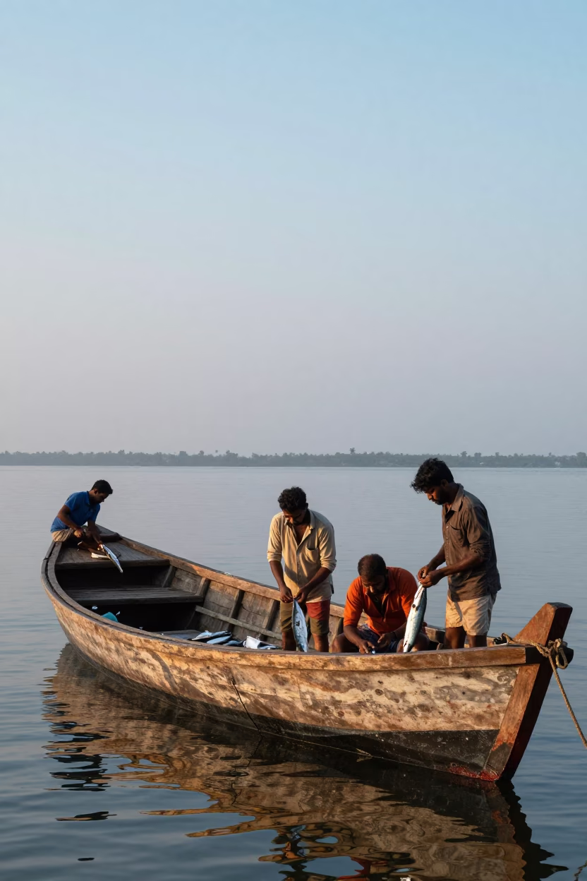 Nautical Dawn in Kochi India Fishermen Sorting Catch on Wooden Boat with Toolbox in in Kochi, India