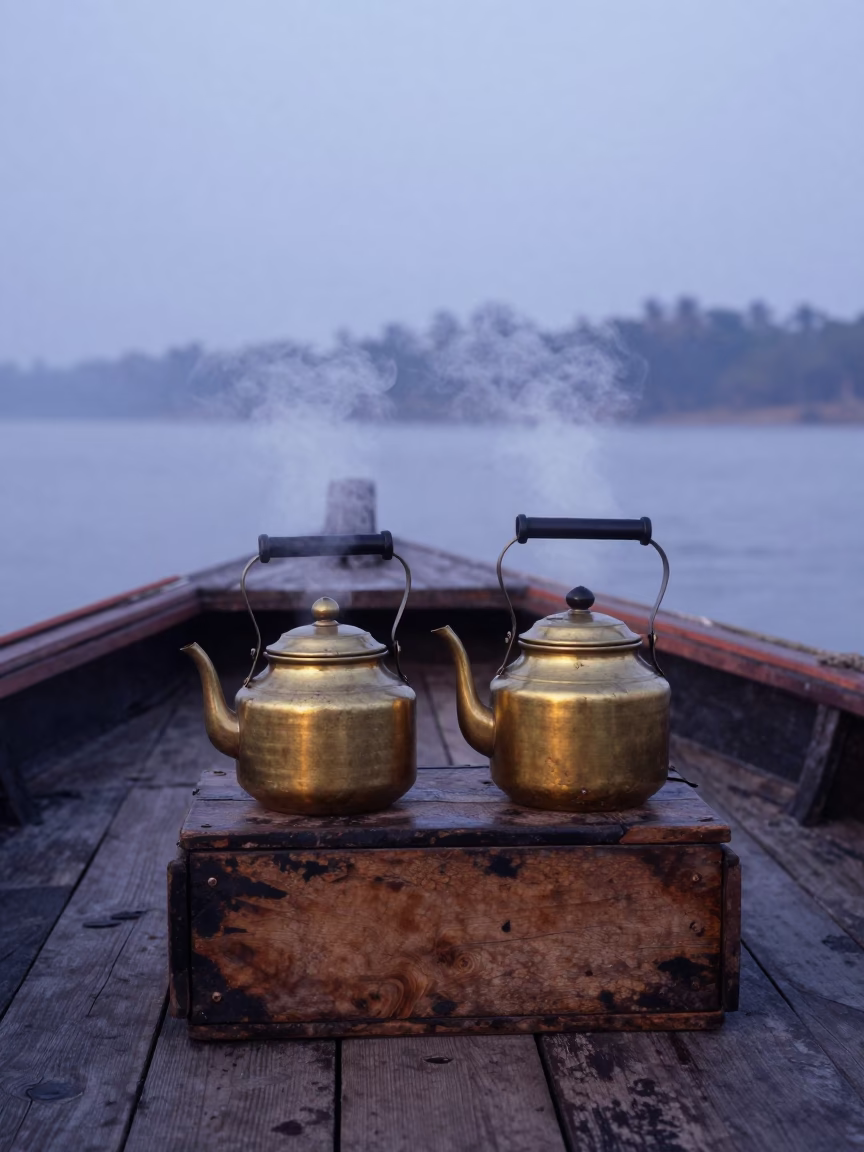 Nautical Dawn in Kochi India Tea Kettles Steaming on Historic Boat Deck in in Kochi, India
