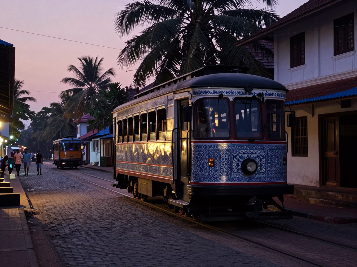 Nautical Dawn in Kochi India with Heritage Tram and Vintage Majolica Plate in in Kochi, India
